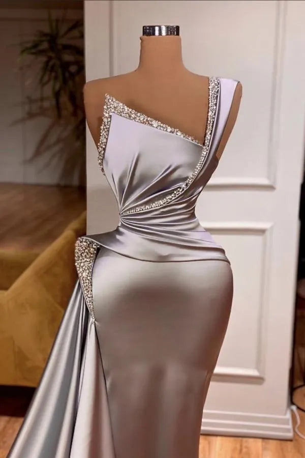 Elegant Long Mermaid One Shoulder Sleeveless Satin Prom Dress