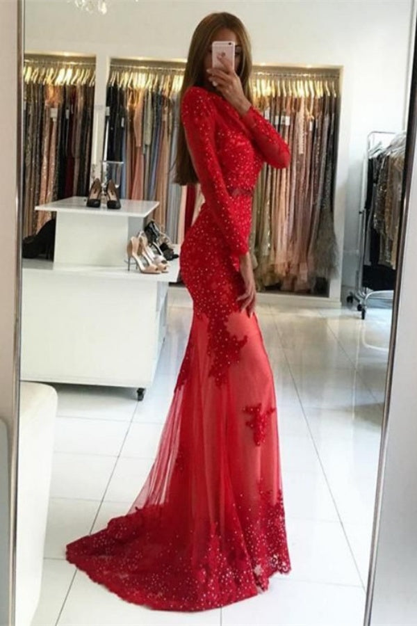 Elegant Long Sleeves Floor Length Mermaid Prom Dress With Appliques Lace