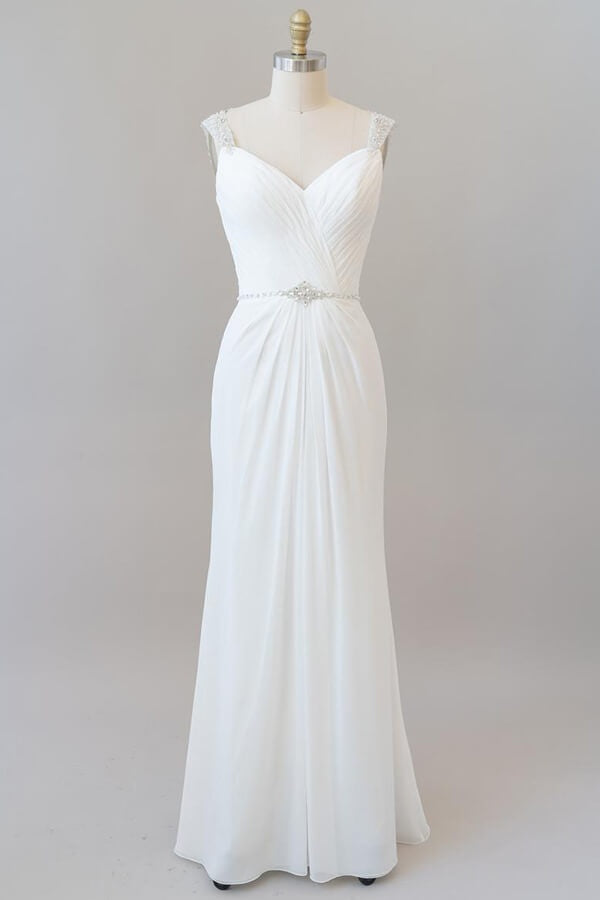 Elegant Long Tulle Lace Ruffle Beading Chiffon Sheath Wedding Dress