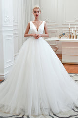 Elegant Long V-neck Lace-up Ruffle Tulle A-line Wedding Dress