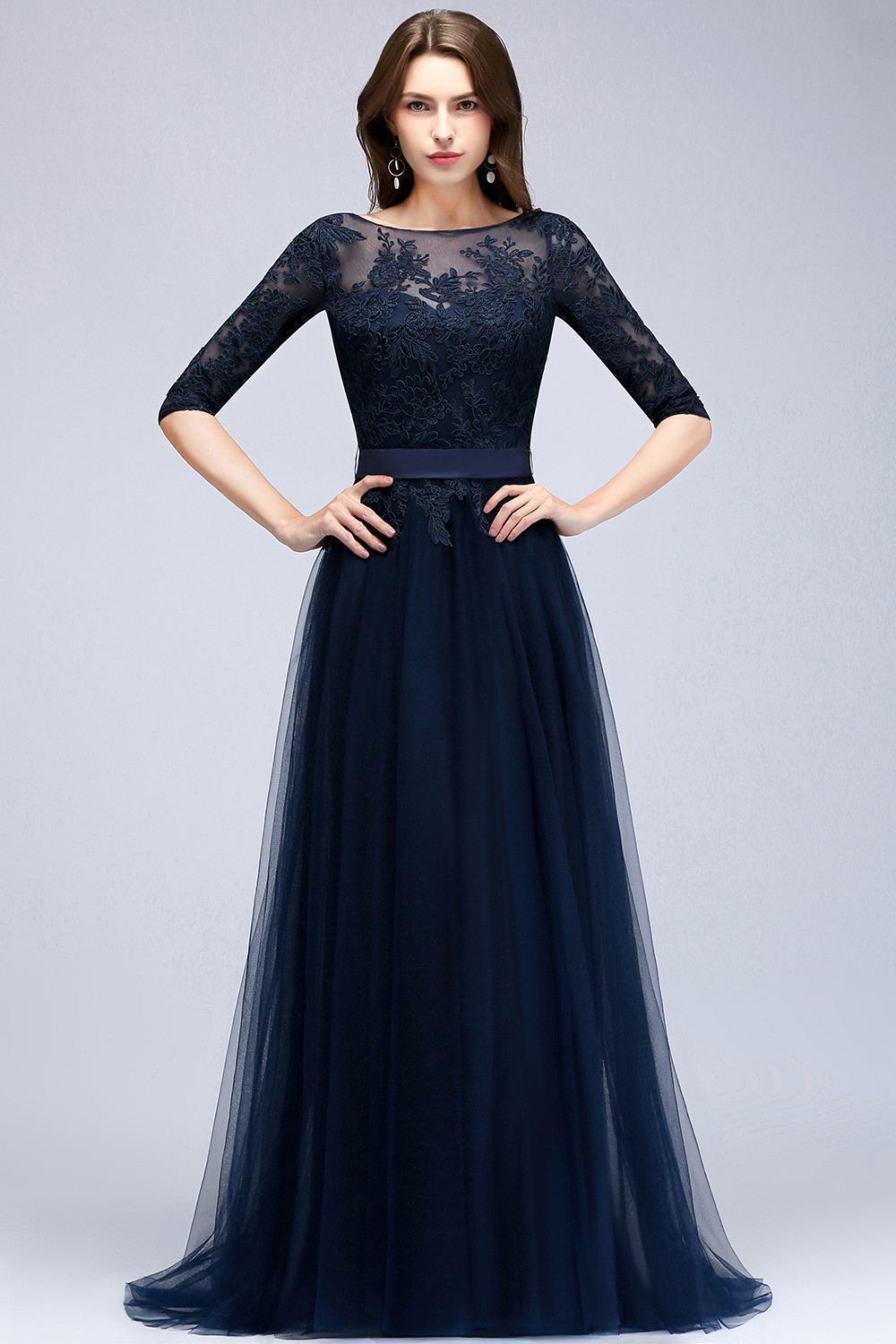 Elegant Navy Half Sleeves Lace Bridesmaid Dresses with Appliques