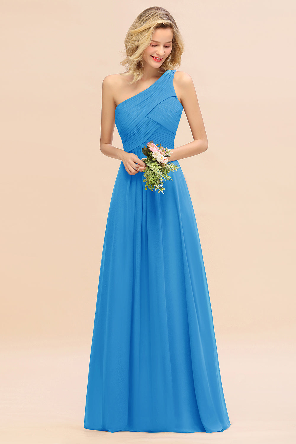 Elegant A-line Chiffon Ruffles One Shoulder Long Bridesmaid Dress