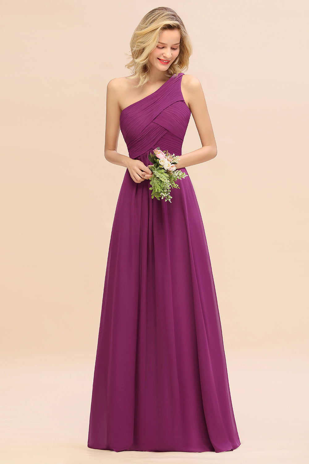 Elegant Orchid A-line Chiffon Ruffles One Shoulder Long Bridesmaid Dress
