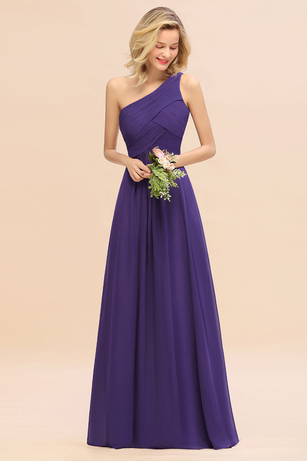 Elegant A-line Chiffon Ruffles One Shoulder Long Bridesmaid Dress