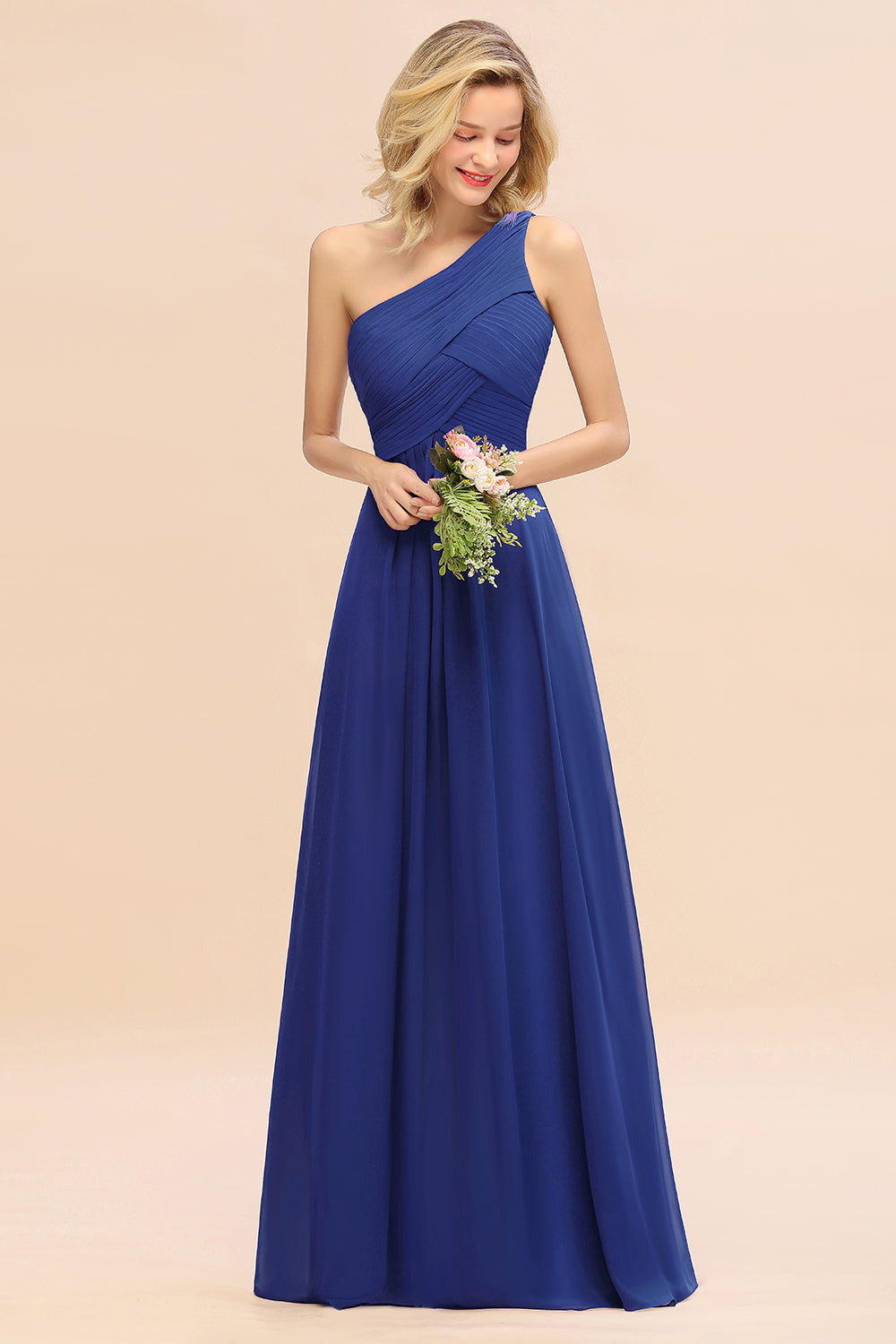 Elegant Royal Blue A-line Chiffon Ruffles One Shoulder Long Bridesmaid Dress