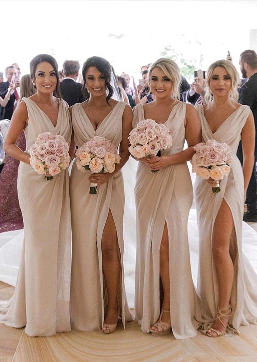 Elegant Scoop Neck Floor Length Chiffon Mermaid Bridesmaid Dress With Side Split
