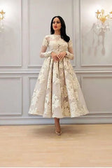 Elegant A-line High Neck Lace Formal Evening Dress with Sleeves