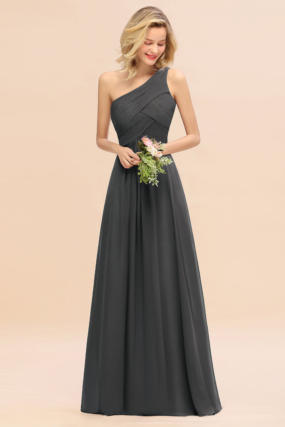 Elegant A-line Chiffon Ruffles One Shoulder Long Bridesmaid Dress