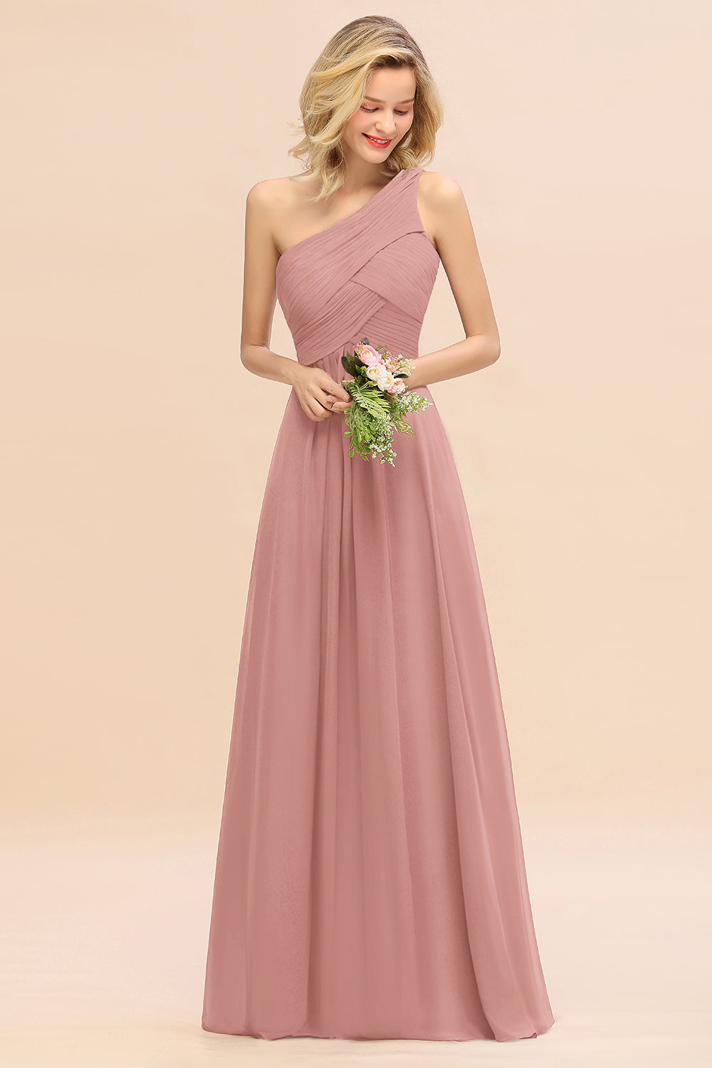 Elegant A-line Chiffon Ruffles One Shoulder Long Bridesmaid Dress