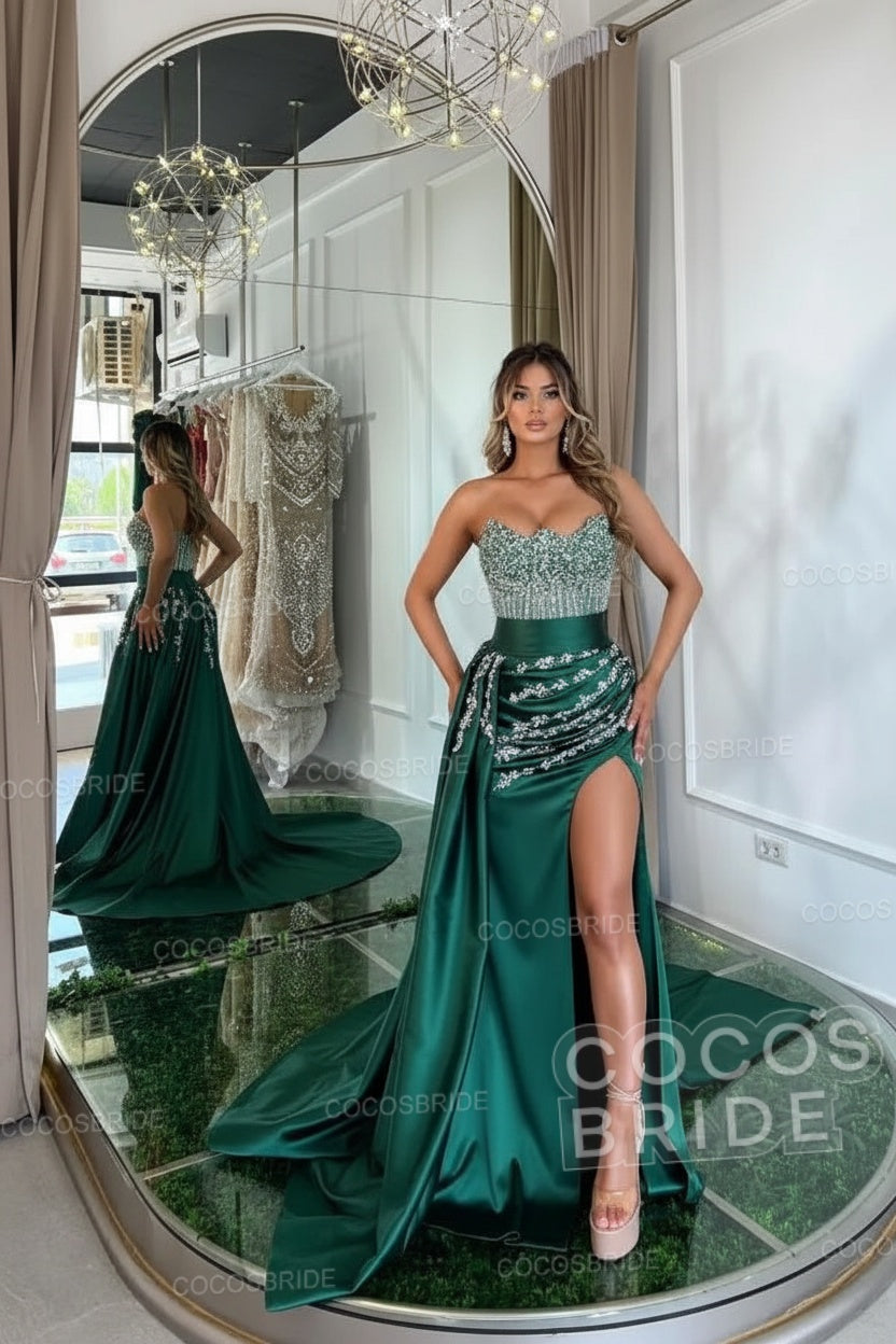 Luxury Mermaid Sweetheart Satin Long Beading Prom Dress with Split