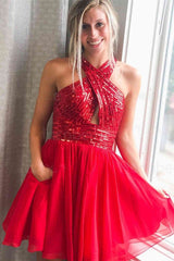 Short A-line Tulle Red Sequined Homecoming Dress	 with Pockets