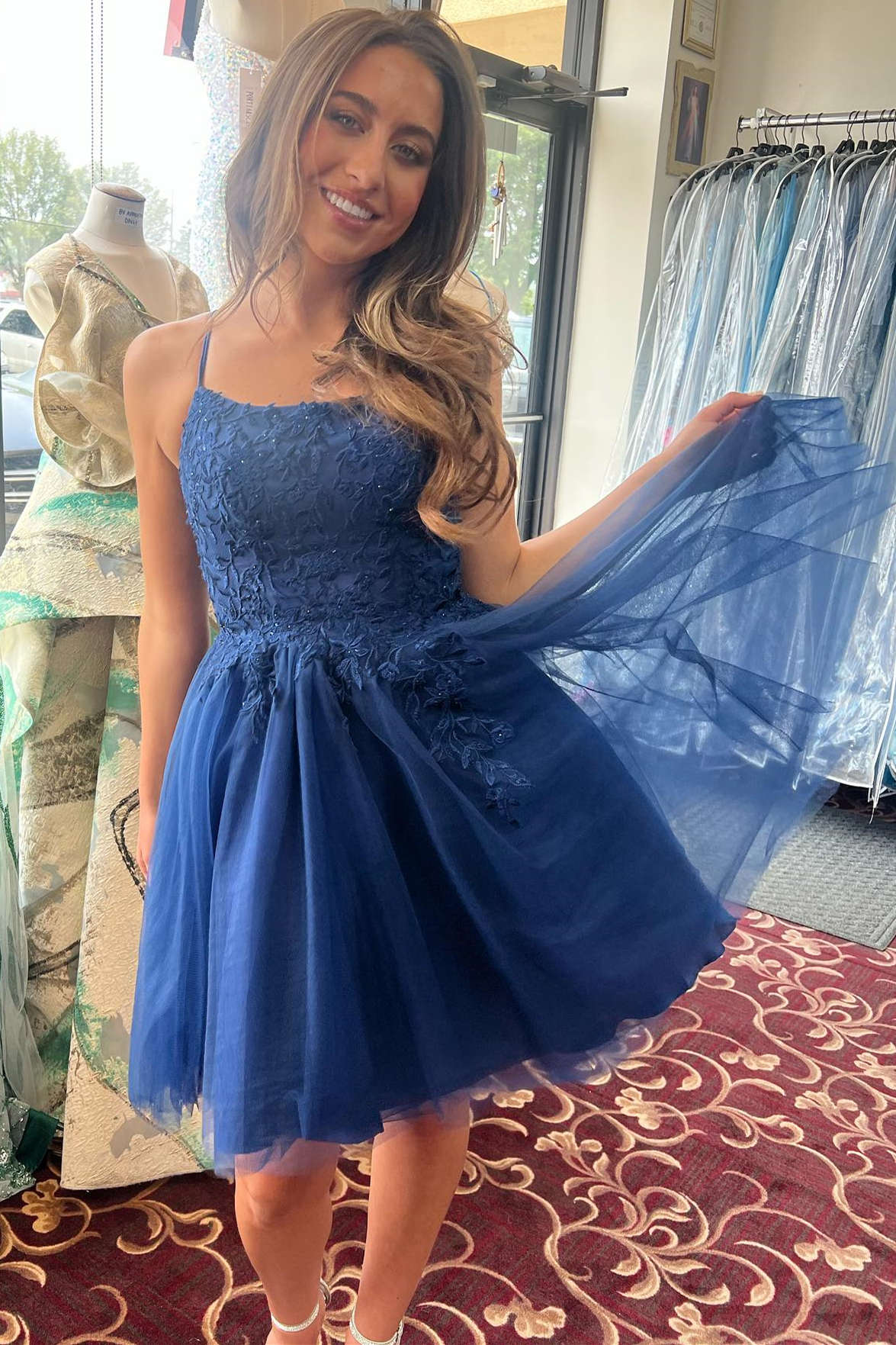 A-Line Straps Dark Navy Appliques Lace Tulle Short Homecoming Dress
