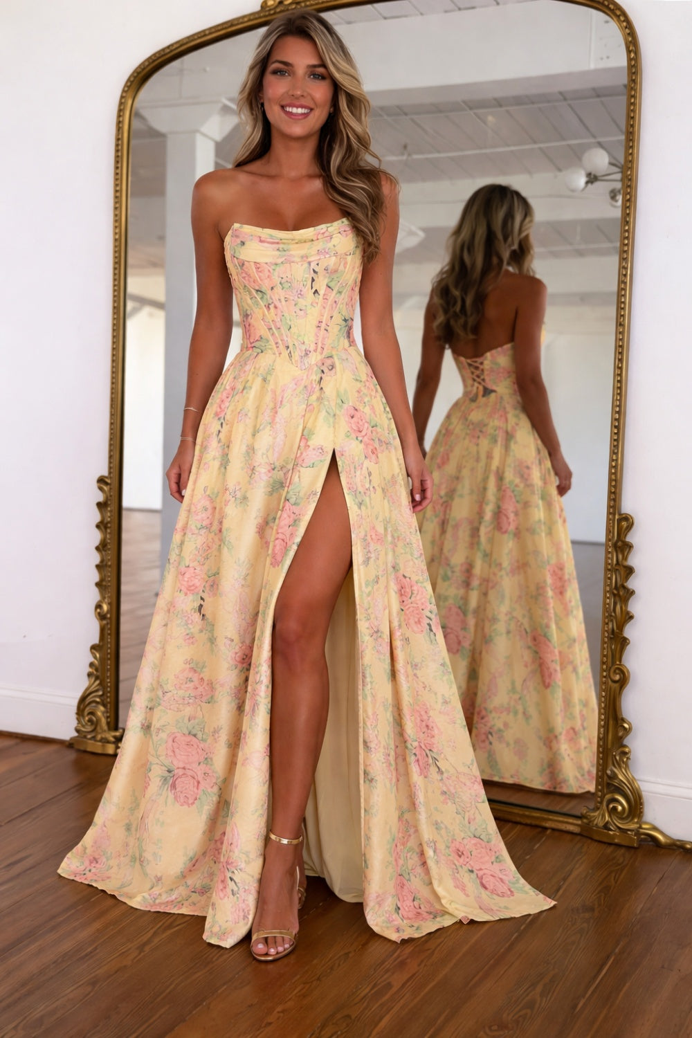 Floral Strapless Sleeveless A-line Prom Dress with Slit