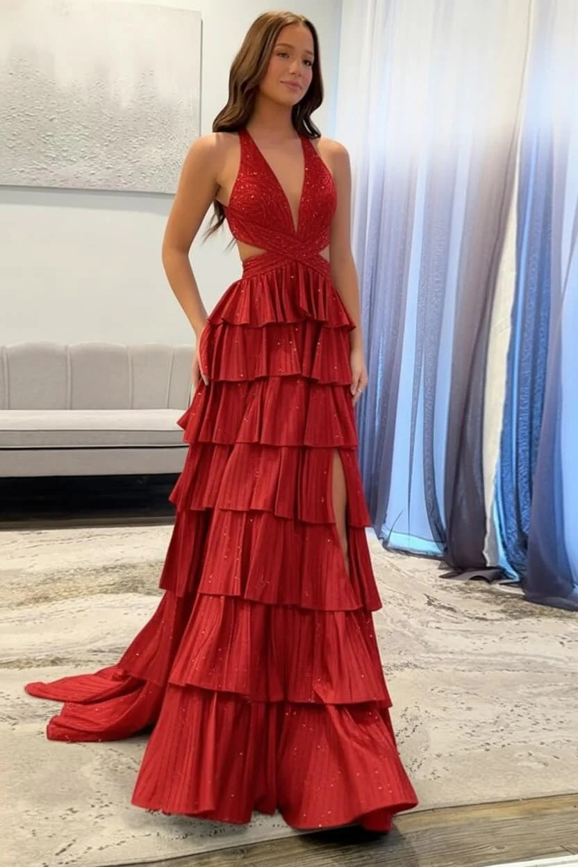 Sexy Sleeveless Halter A-line Long Prom Dress with Slit