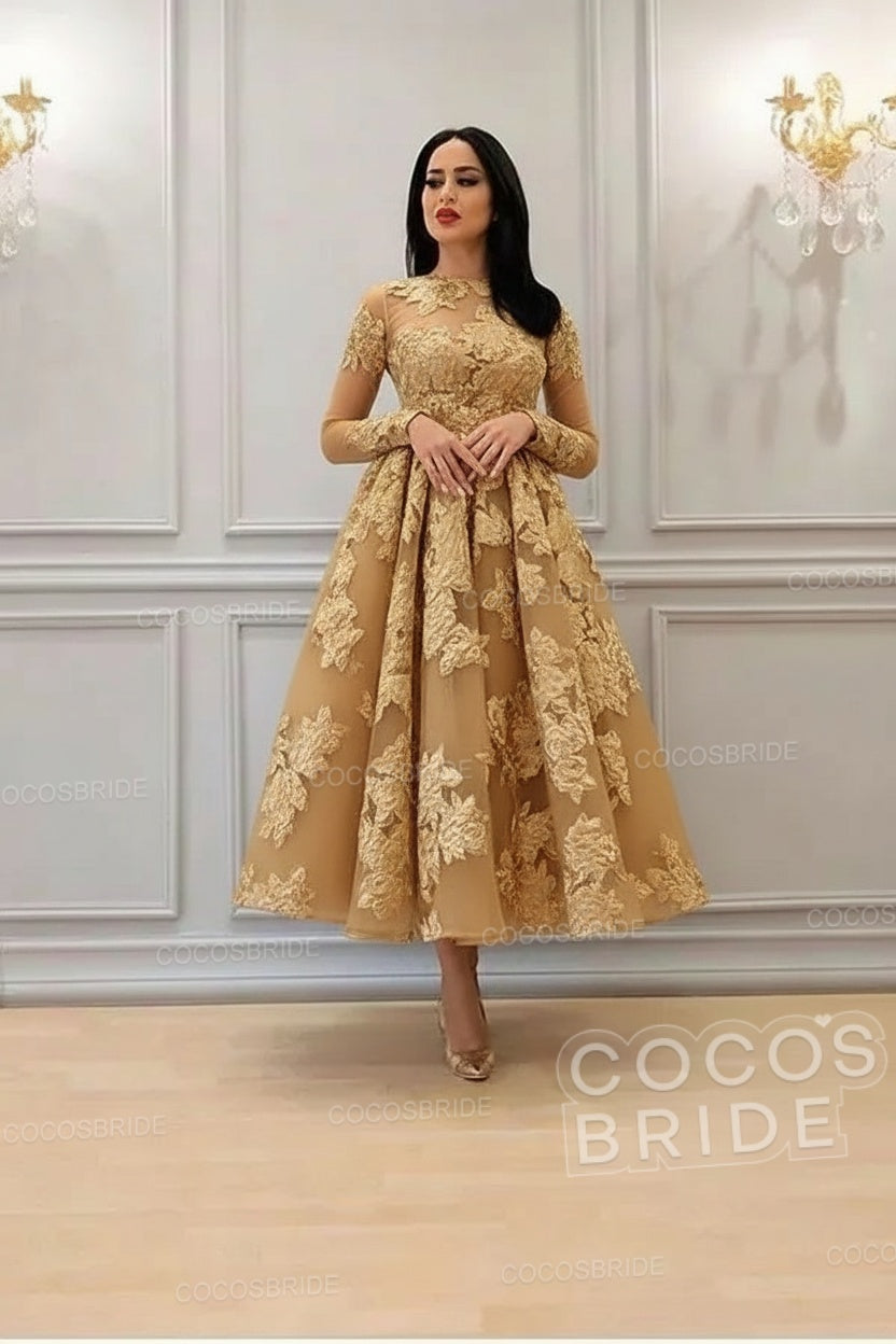 Elegant A-line High Neck Lace Formal Evening Dress with Sleeves