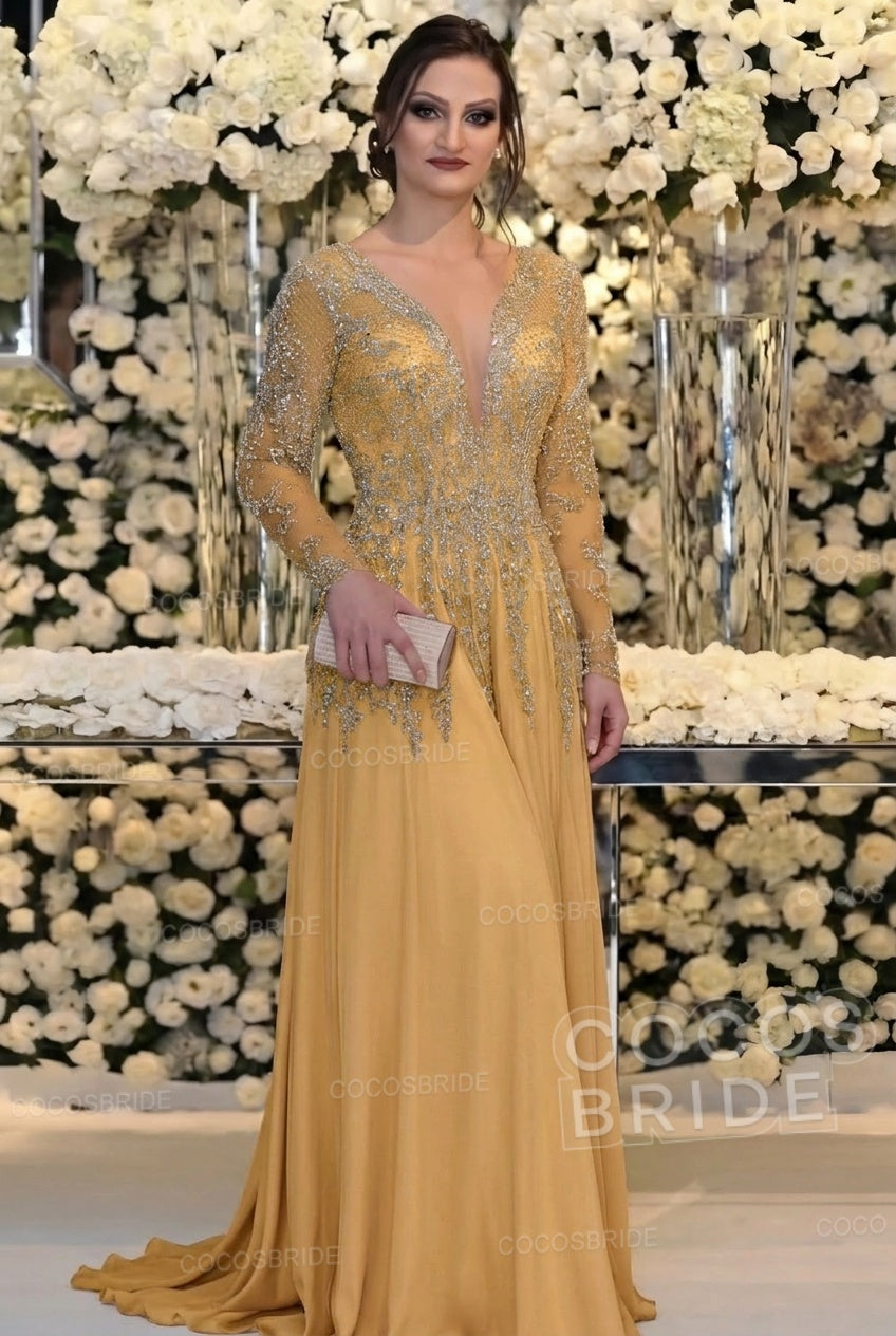 Long Sleeve Floor Length A-line Mother Of Bride Dress With Beading