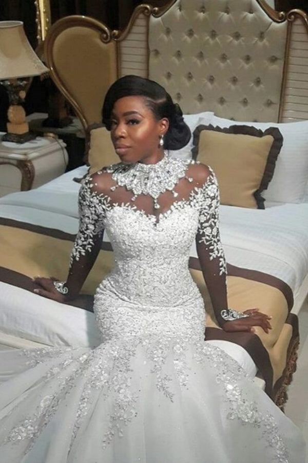 Gorgeous Long Mermaid Beads Lace Appliques High Neck Wedding Dresses with Sleeves