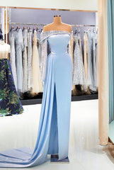 Gorgeous Long Mermaid Satin Front Slit Prom Dress with Sleeves