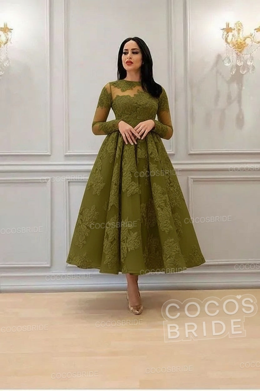 Elegant A-line High Neck Lace Formal Evening Dress with Sleeves