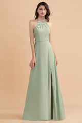 Long Halter A-Line Backless Wedding Guest Dress With Side Slit
