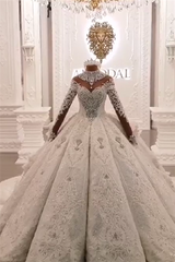 High Neck Train Long Sparkle Applique Satin Ball Gown Wedding Dresses with Sleeves