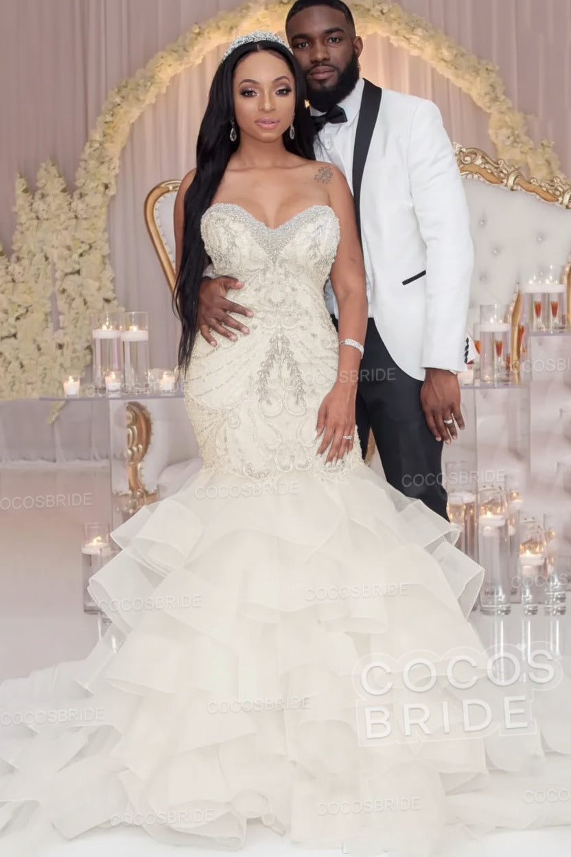 Luxury Long Strapless Ruffles Beaded Mermaid Wedding Dress
