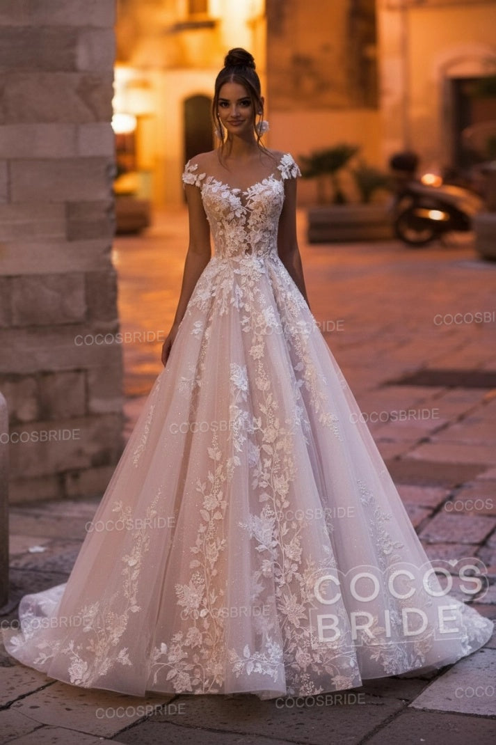 Elegant A-Line Bateau Appliques Lace Backless Floor Length Sequins Wedding Dress
