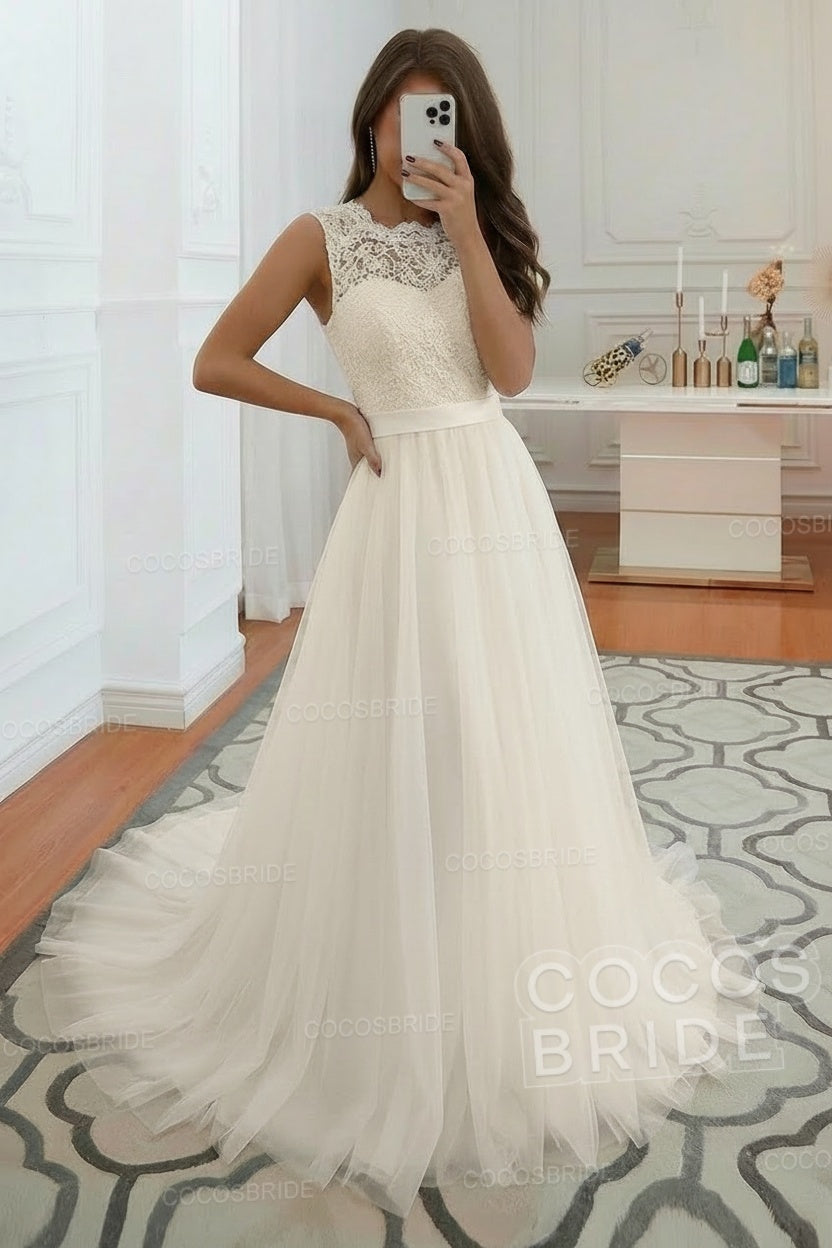 Elegant Long A-line Jewel Tulle Wedding Dress with Appliques Lace