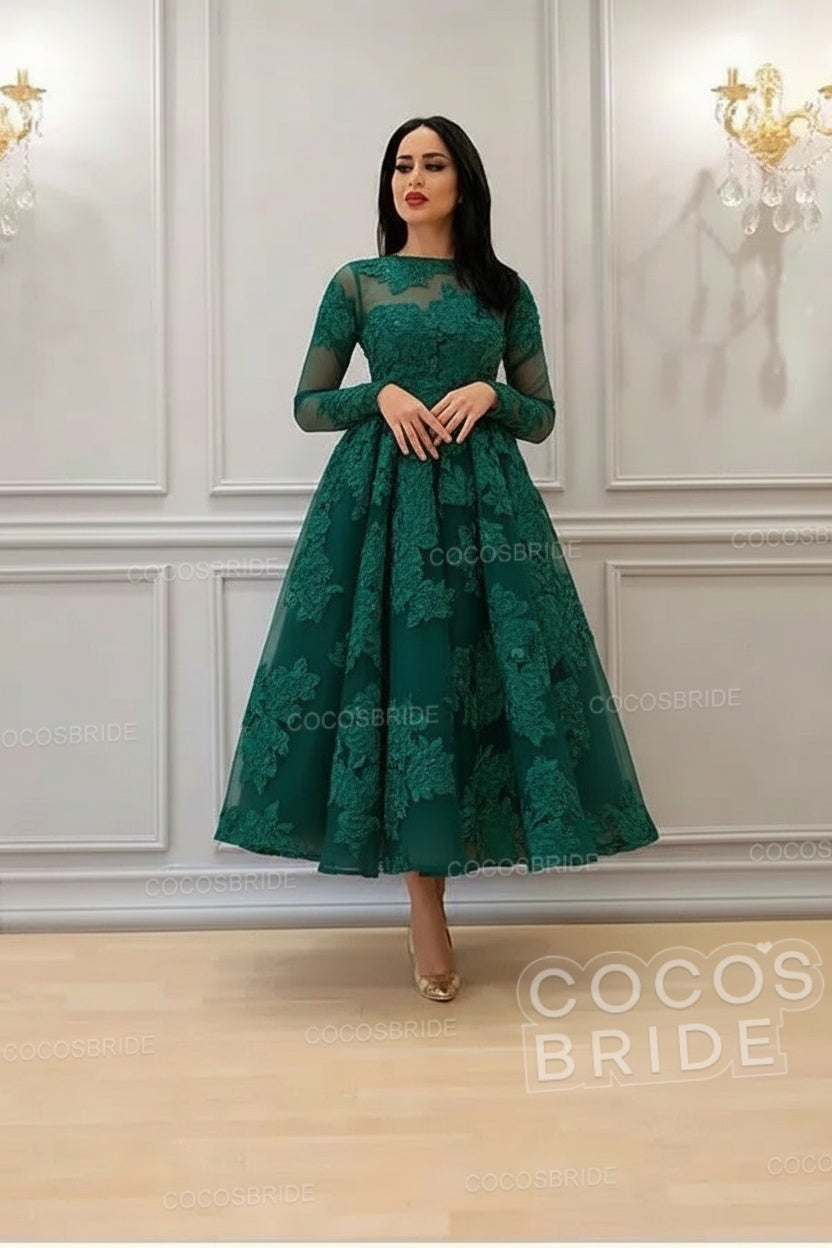 Elegant A-line High Neck Lace Formal Evening Dress with Sleeves