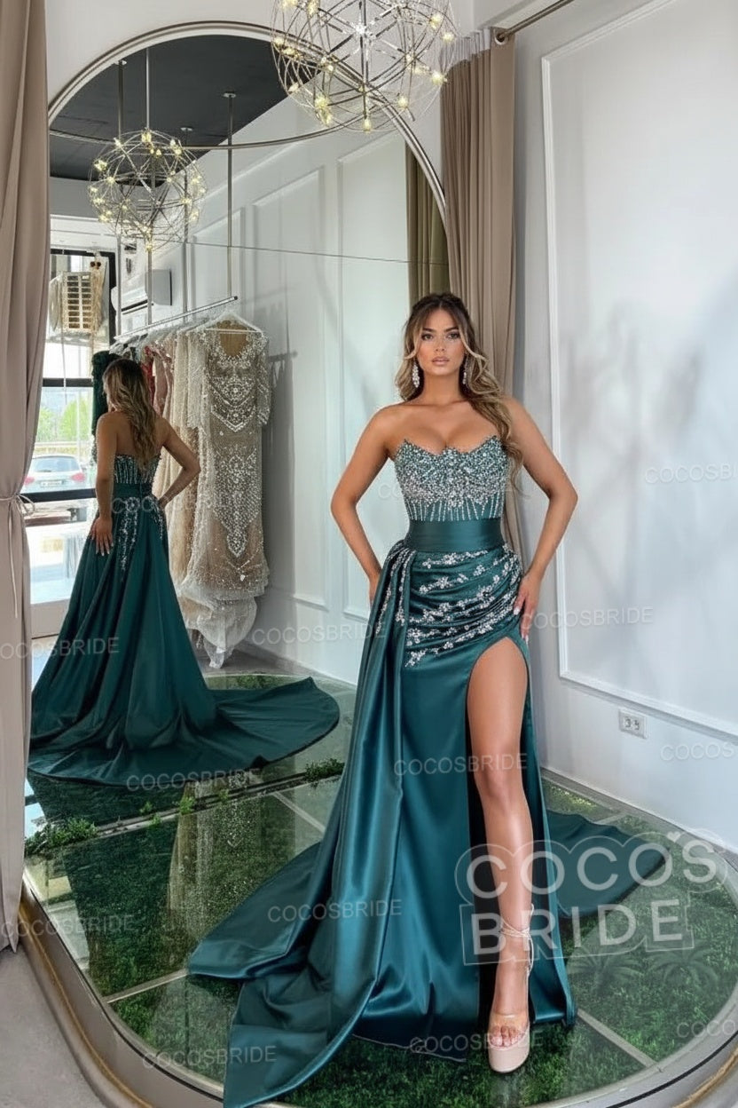 Luxury Mermaid Sweetheart Satin Long Beading Prom Dress with Split
