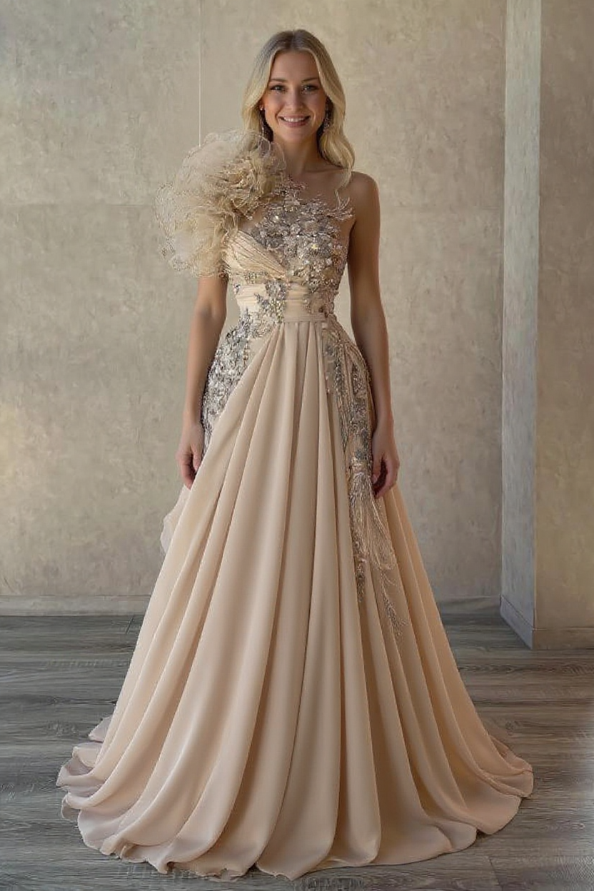 Long A-Line Sweetheart One Shoulder Chiffon Prom Dresses with Flowers