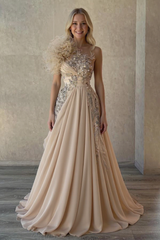 Long A-Line Sweetheart One Shoulder Chiffon Prom Dresses with Flowers
