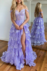 A-line Off the Shoulder Long Tulle Lace Front Slit Prom Dress