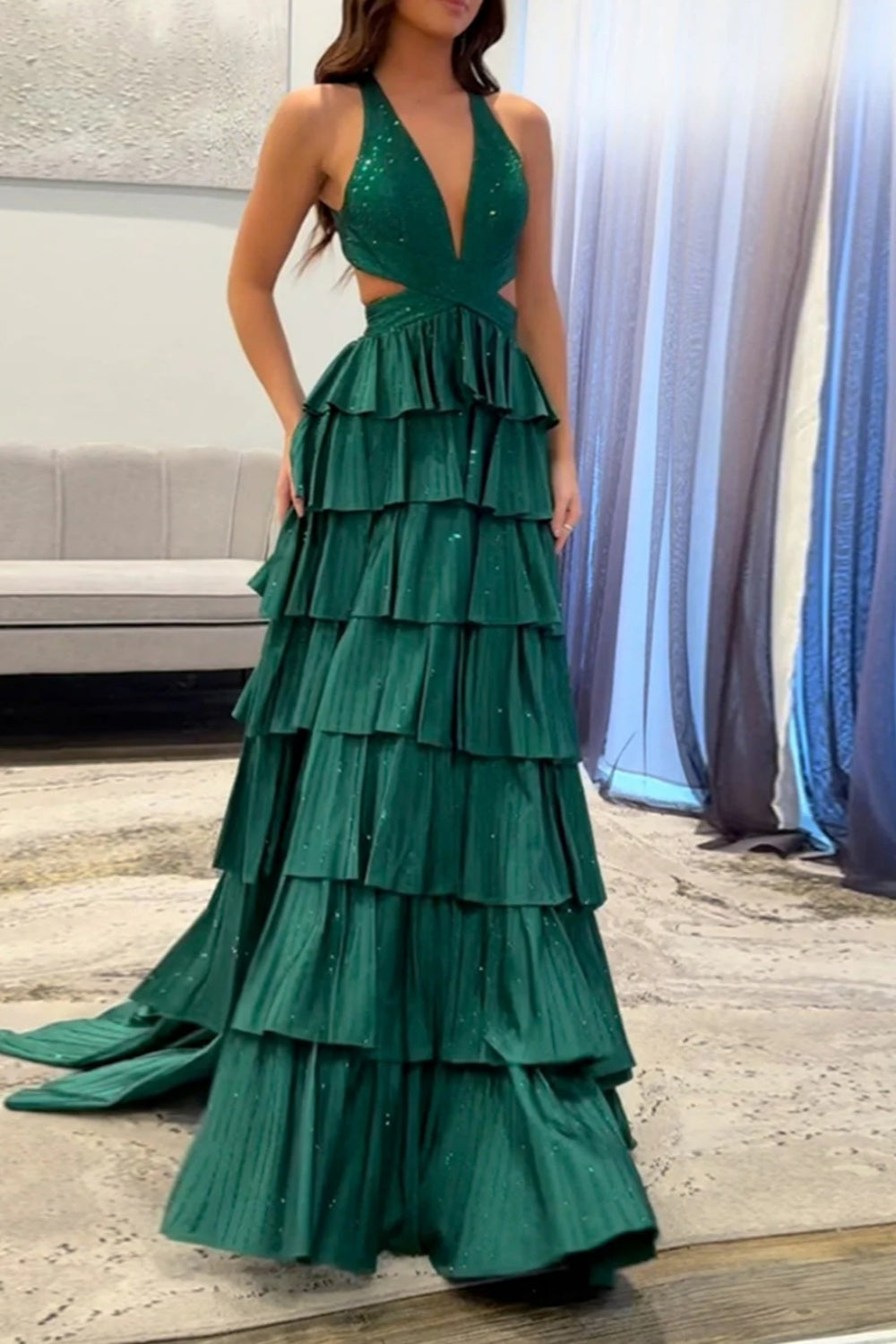 Dark Green Long A-line V-neck Open Back Prom Dress