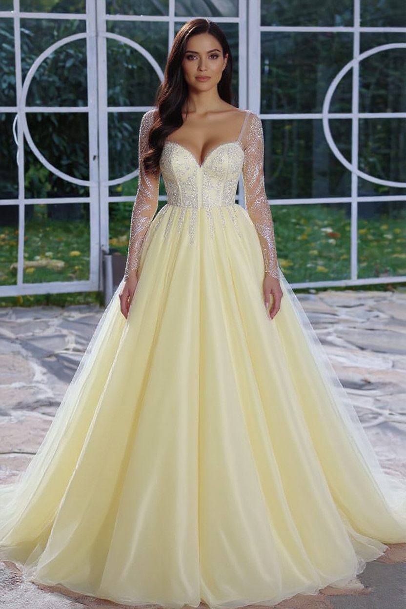 Long A-line Sweetheart Tulle Prom Dresses with Sleeves