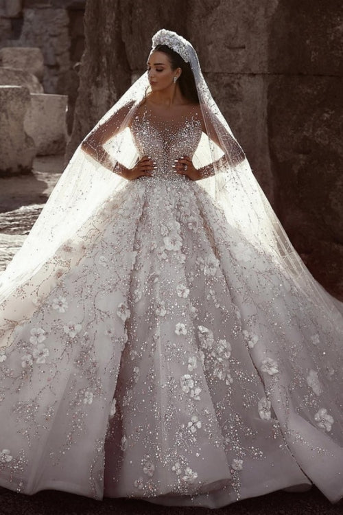Long Ball Gown Beading Floral Lace Tulle Wedding Dresses with Sleeves