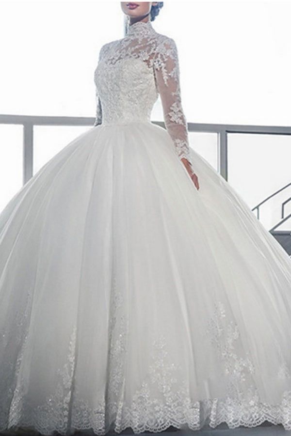 Long Ball Gown High Neck Court Train Tulle Wedding Dresses with Sleeves