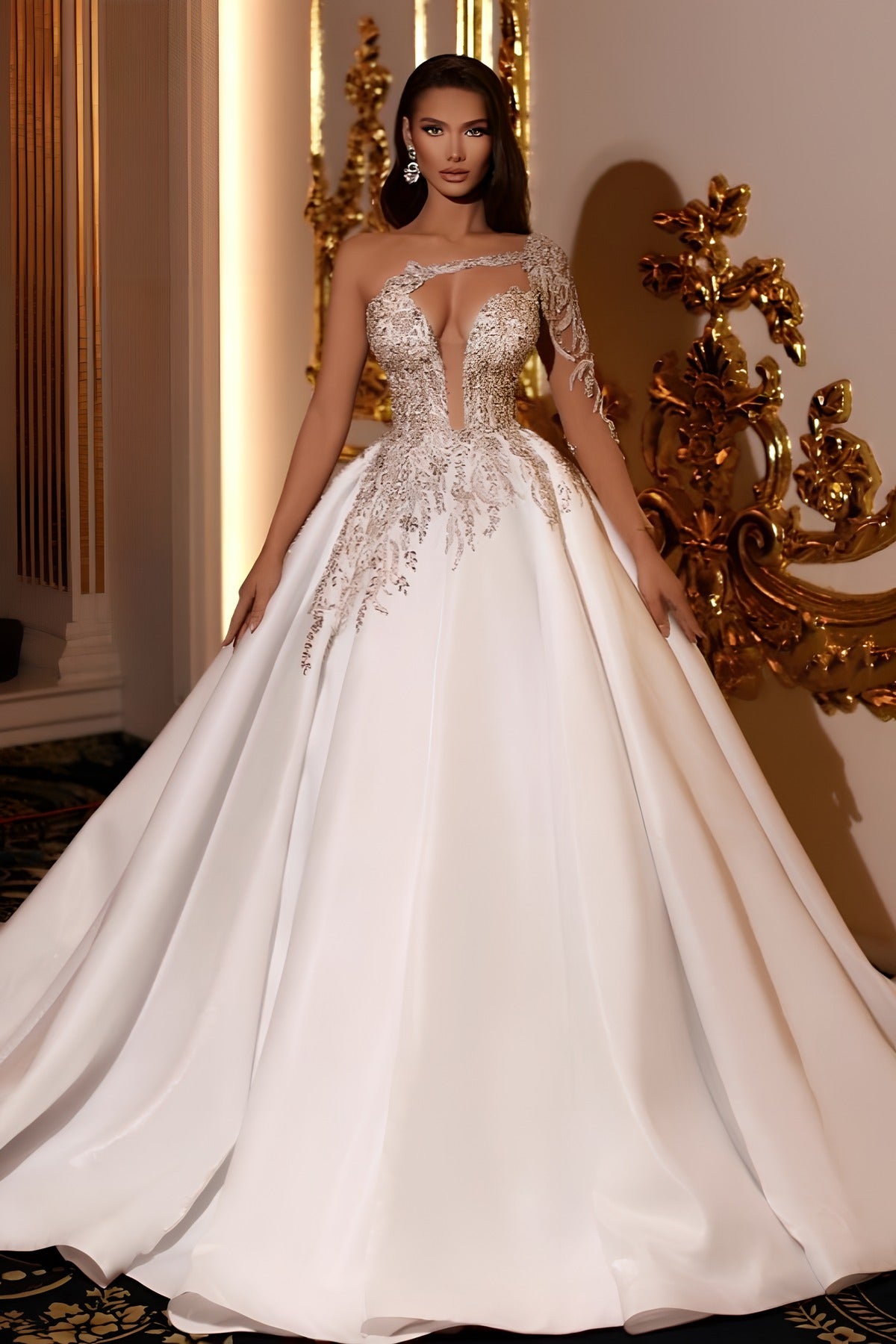 Long Ball Gown One Shoulder Satin Beading Wedding Dresses with Sleeves