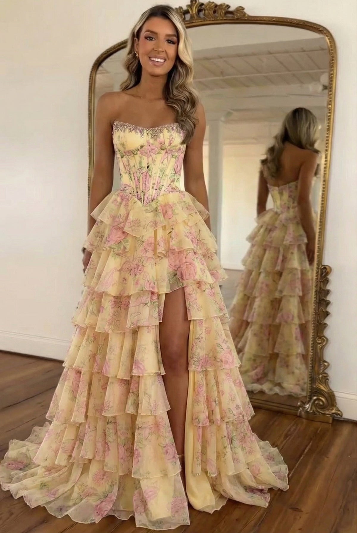 Long Floral Strapless Sleeveless A-line Prom Dress with Split