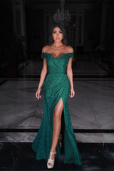 Long Mermaid Off the Shoulder Sequin Prom Dresses with Slit