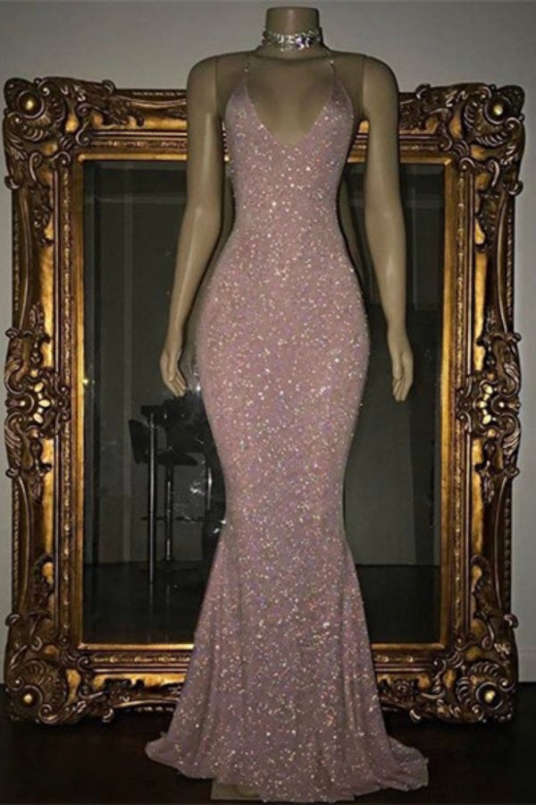 Long Mermaid Spaghetti Straps Floor Length Sequined Prom Dress