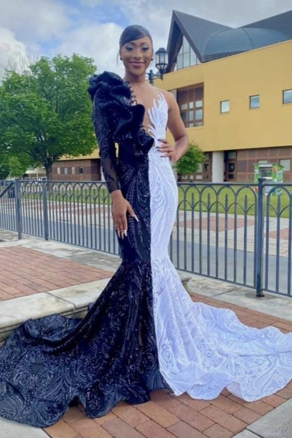 Long Mermaid V-neck One Shoulder Prom Dress with Sleeves