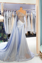 Long One Shoulder Mermaid Satin Beaded Prom Dress with Watteau Train