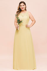 Long Plus Size Chiffon Jewel Daffodil Bridesmaid Dress with Lace