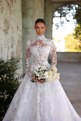 Long Sleeve High Neck A-Line Tulle Wedding Dress with Lace Applique