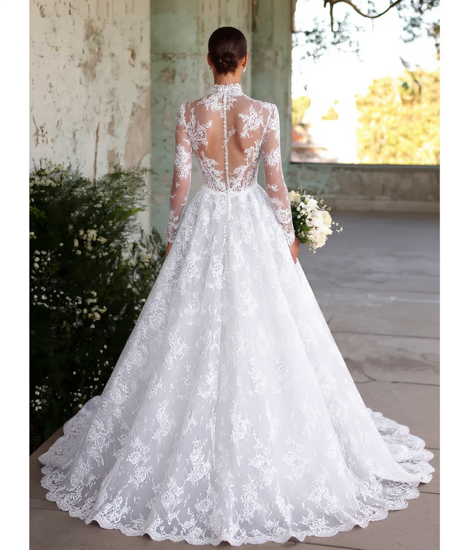 Long Sleeve High Neck A-Line Tulle Wedding Dress with Lace Applique