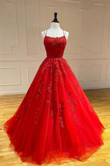Long Spaghetti Straps Appliques Lace A-Line Tulle Floor Length Prom Dress
