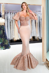 Long Square Neck Mermaid Champagne Formal Evening Dress with Sleeves