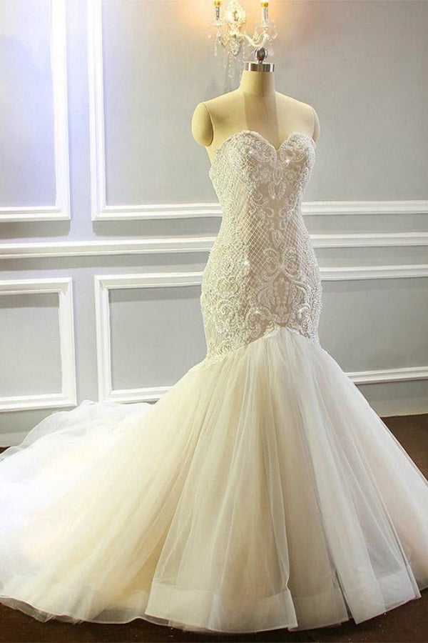 Long Sweetheart Lace-Up Mermaid Wedding Dresses with Beading