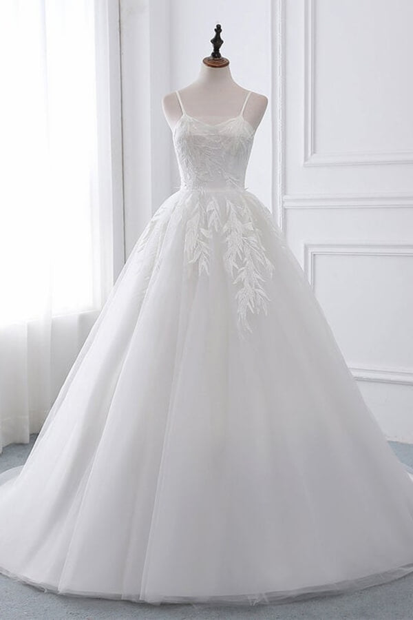 Long White Spaghetti Strap Tulle Ball Gown Wedding Dress